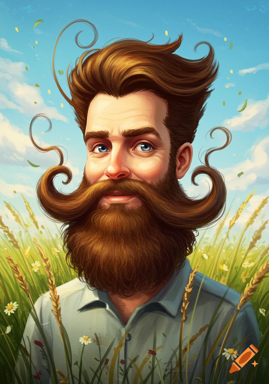 A whimsical illustration of a man with a massive, curly, reddish-brown beard and styled hair, smiling in a sunny field.
