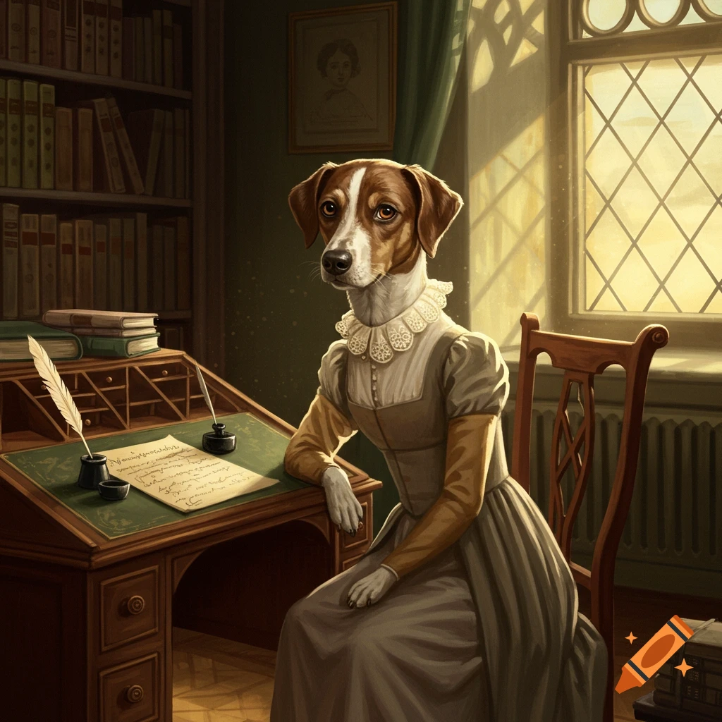 A brown and white dog's head on a woman's body in a historical grey gown, sitting at a wooden writing desk in a sunlit room.