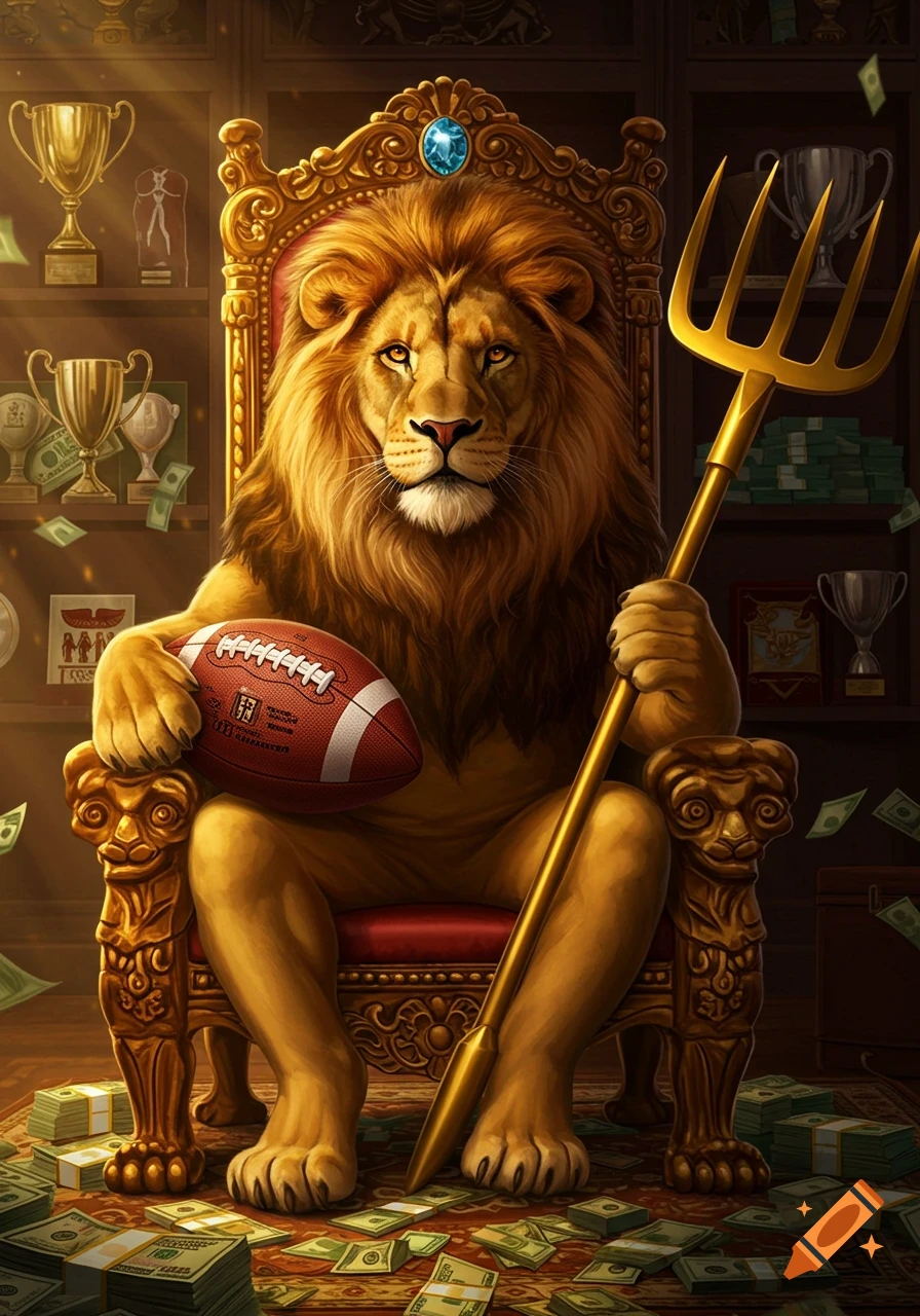 A majestic lion, wearing a crown, sits on a golden throne, holding a football in one paw and a golden pitchfork in the other, surrounded by trophies and stacks of cash.