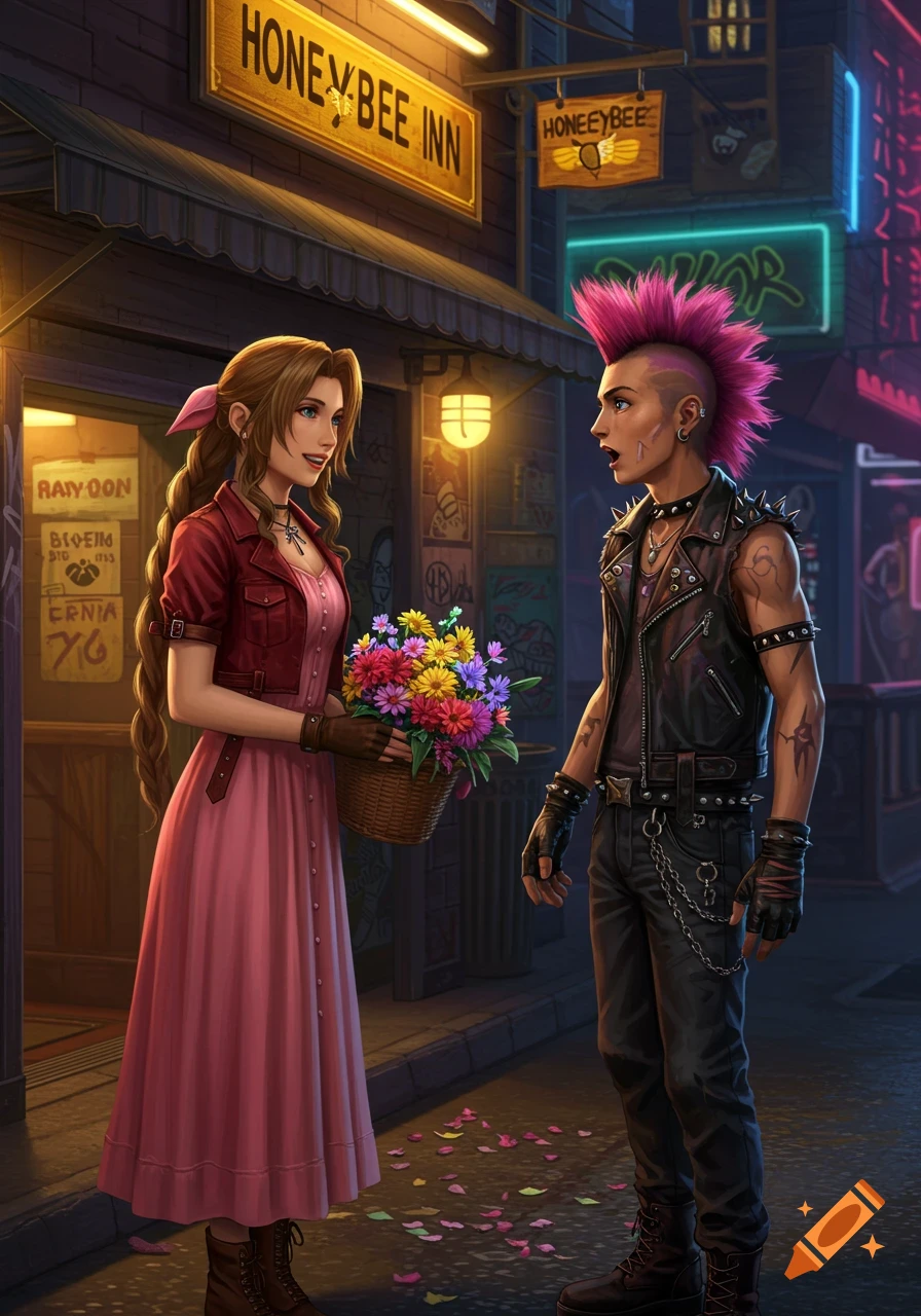 Anime-style image of Aerith from Final Fantasy selling flowers to a punk man outside the glowing Honeybee Inn at night.