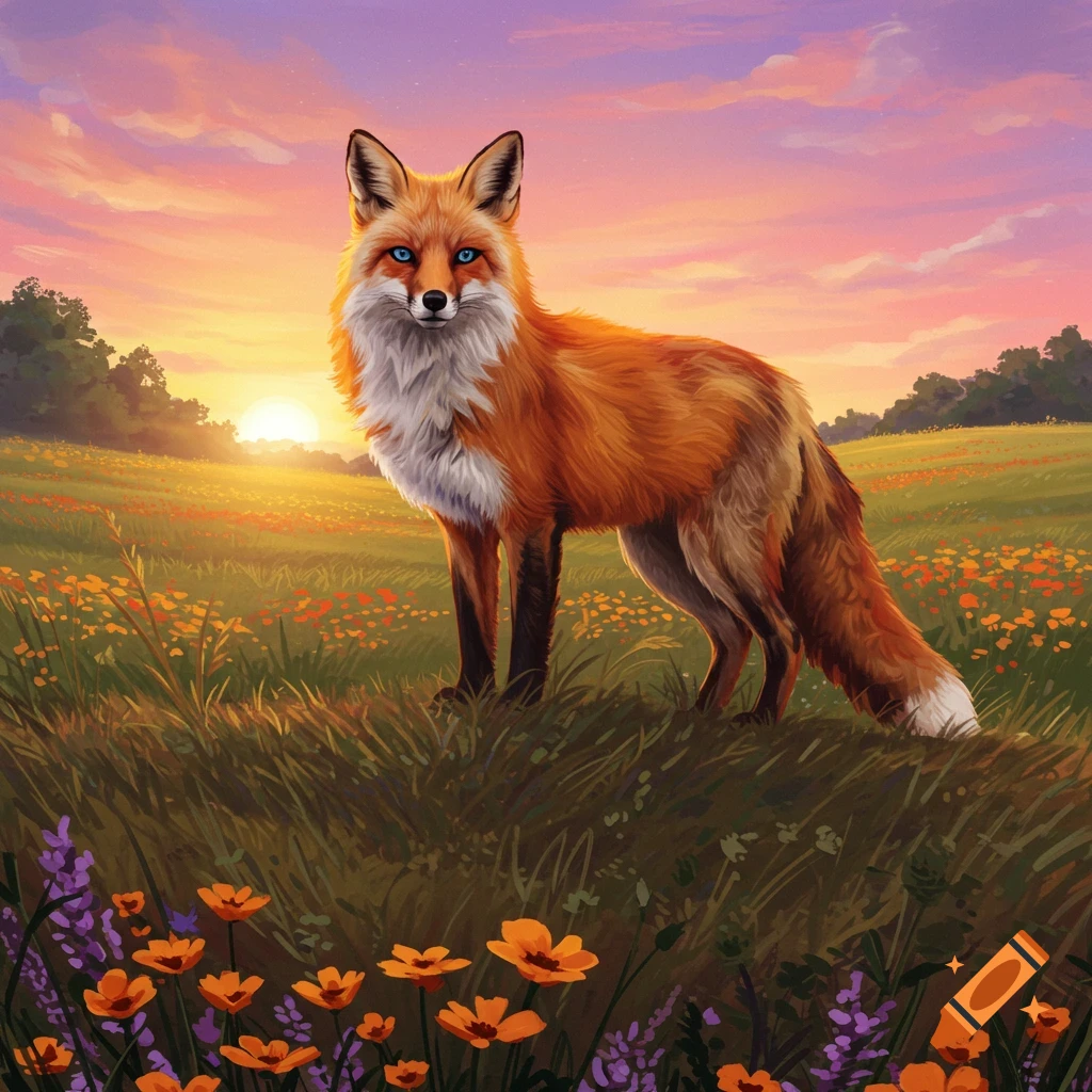 A vibrant orange fox with bright blue eyes stands in a field of colorful wildflowers at sunset, in an illustrative style.