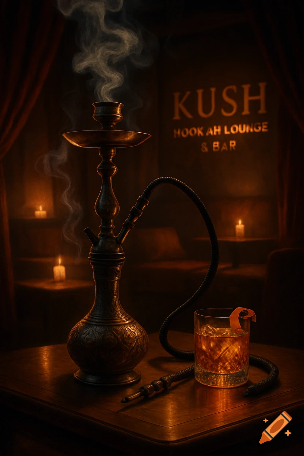 Photorealistic image of a smoking hookah and an Old Fashioned cocktail on a table in a dark, ambient lounge with a KUSH sign.