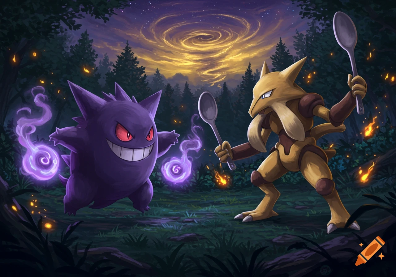 A digital illustration of purple Gengar and tan Alakazam facing off in a dark forest under a swirling twilight sky.