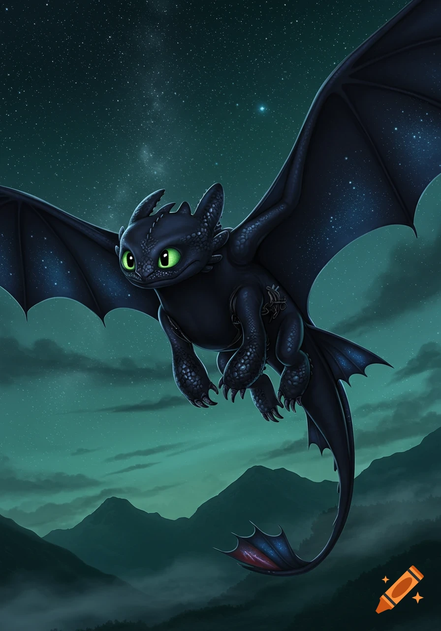 Toothless the black dragon with bright green eyes flies under a starry night sky over misty mountains.