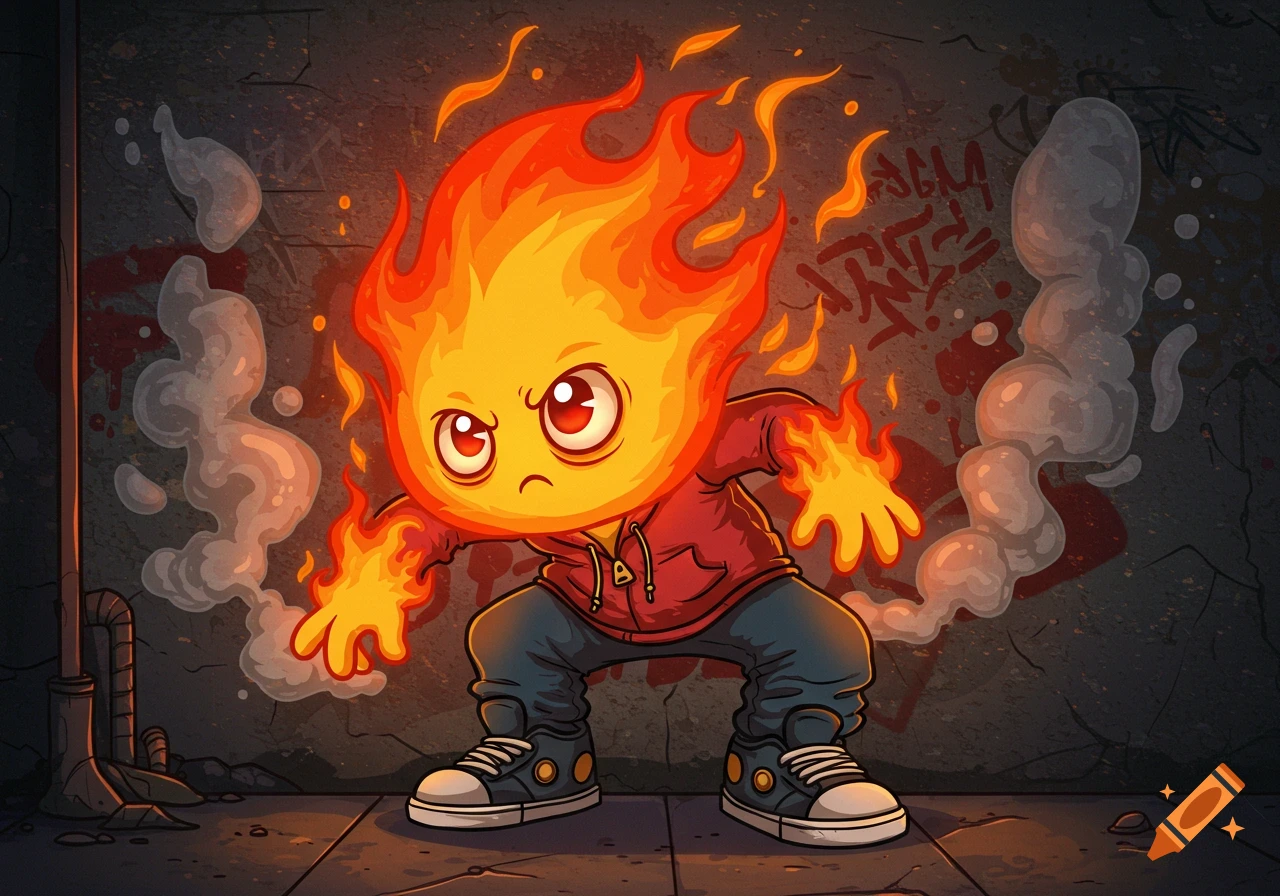 A cartoon fire character with a serious expression, wearing a red hoodie and sneakers, crouching against a graffiti-covered urban wall.