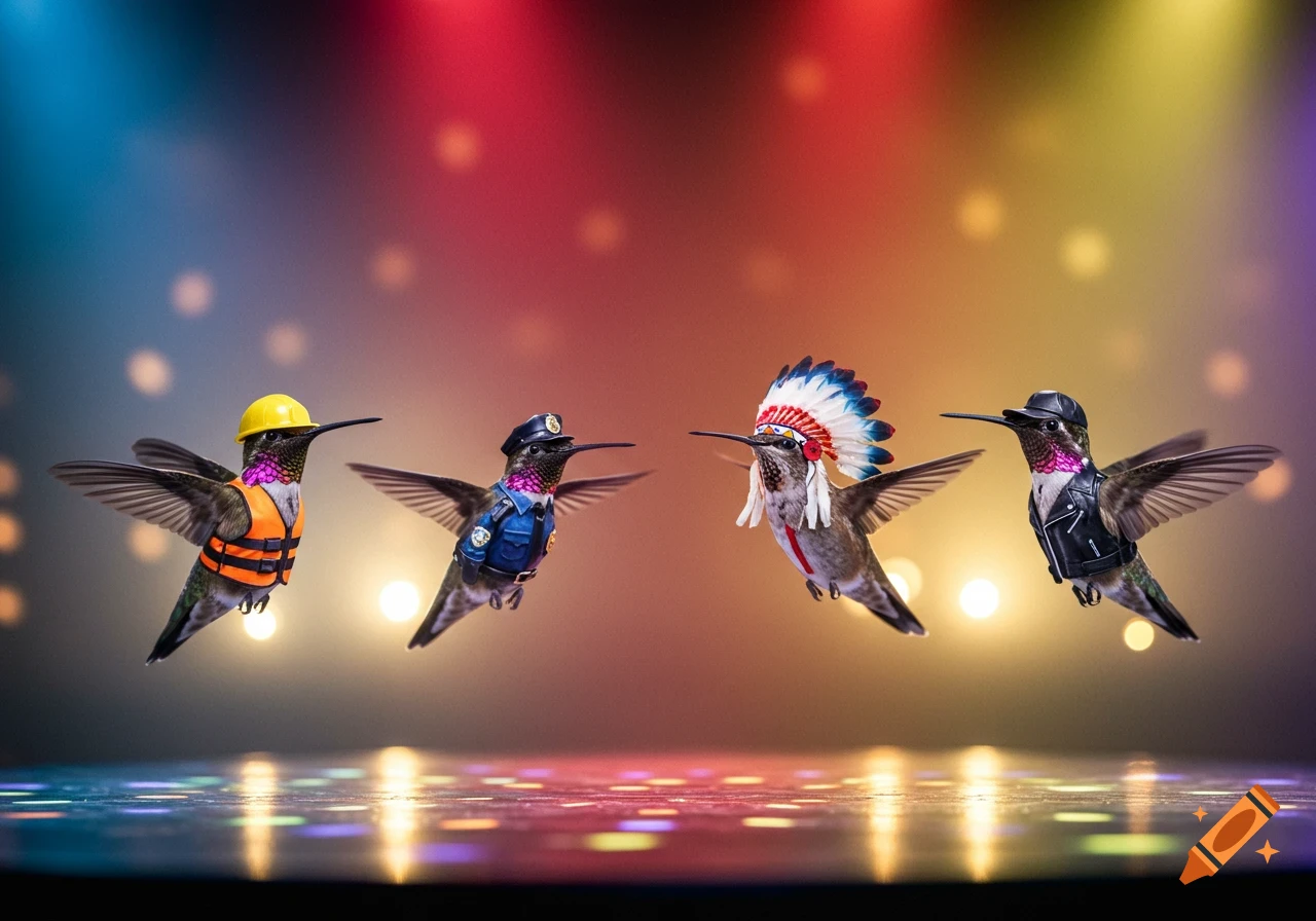 Photorealistic image of four hummingbirds dressed as the Village People (construction worker, police, chief, biker) dancing on a vibrant stage.