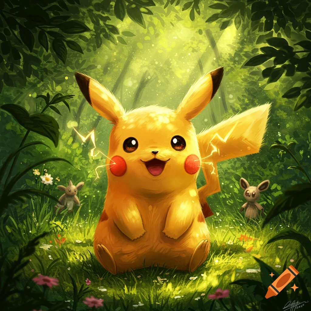 A cute, stylized Pikachu with glowing red cheeks sits in a vibrant, sunlit forest with two smaller creatures nearby.