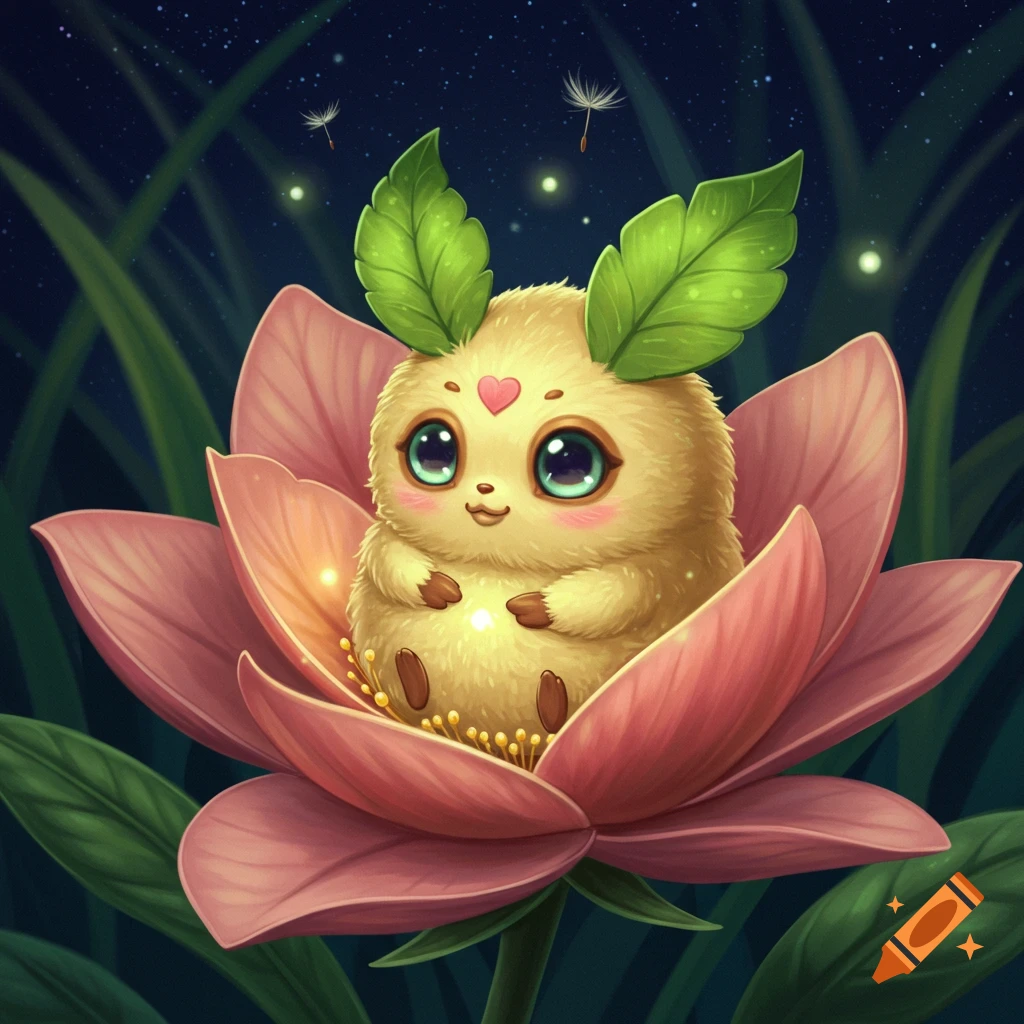 Whimsical illustration of a fluffy, yellow creature with big eyes and leaf ears sitting in a pink flower at night.