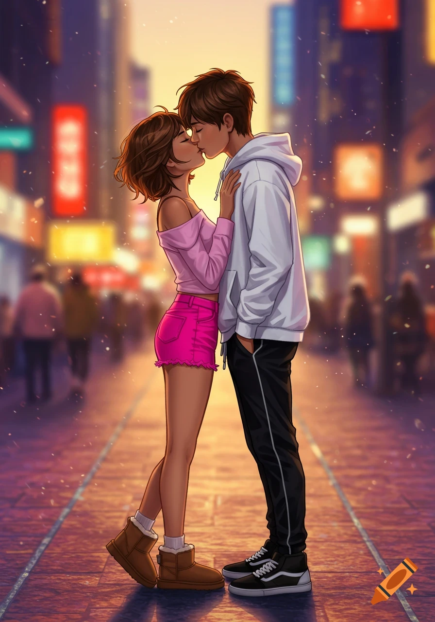 An anime illustration of a couple kissing on a city street at dusk. The girl wears pink, the boy a white hoodie.