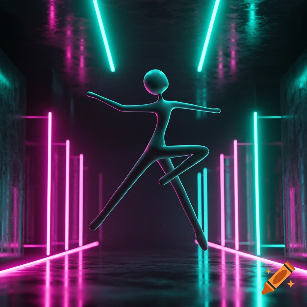 A stylized, elongated figure in a dynamic pose, illuminated by vibrant pink and teal neon lights in a dark, reflective corridor, digital art.