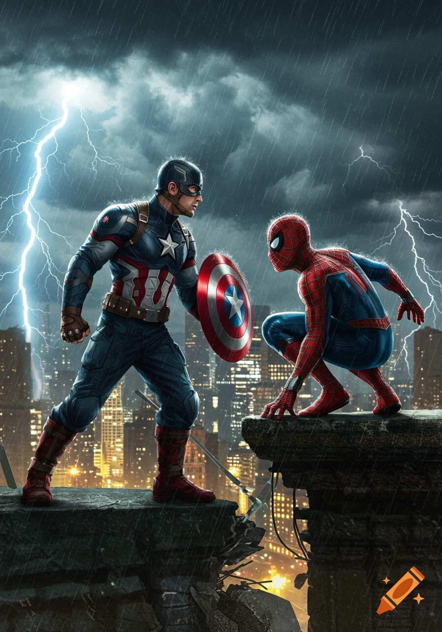 Captain America with his shield faces Spider-Man on a rainy, lightning-struck rooftop overlooking a city at night.