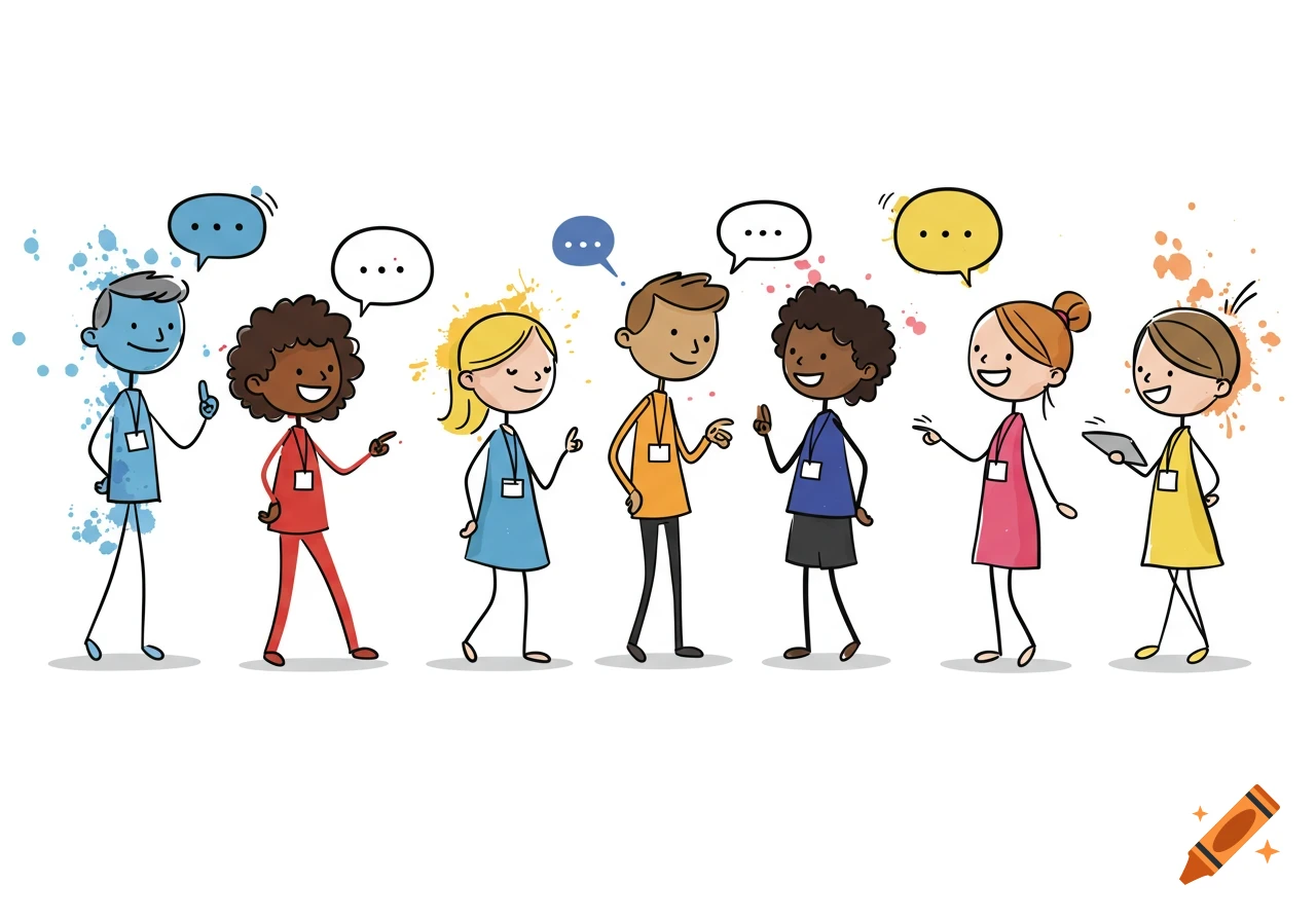 Diverse stick figures with speech bubbles containing ellipses, standing and talking at a conference, illustration style.