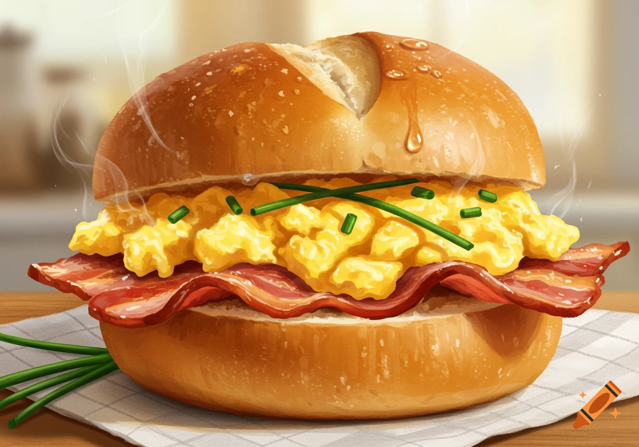Appetizing illustration of a breakfast sandwich with scrambled eggs, bacon, and chives on a steaming bun.