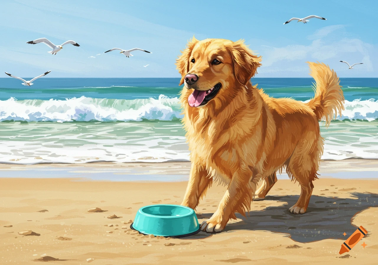 Happy golden retriever on a sandy beach with a turquoise bowl, ocean waves, and seagulls in the sky, in a vibrant illustration style.