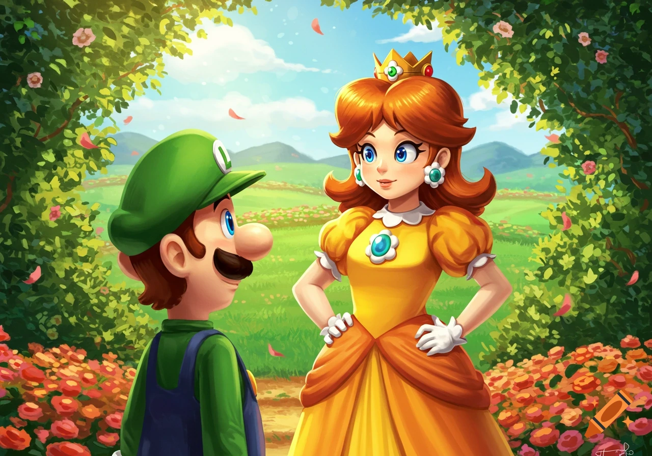 Colorful illustration of Luigi looking up at Princess Daisy in a sunny garden with green hills and many rose bushes.