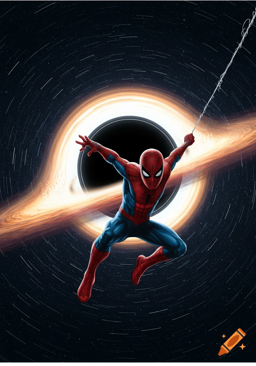 Spider-Man swings through space in front of a glowing orange black hole, with streaks of stars in the background.