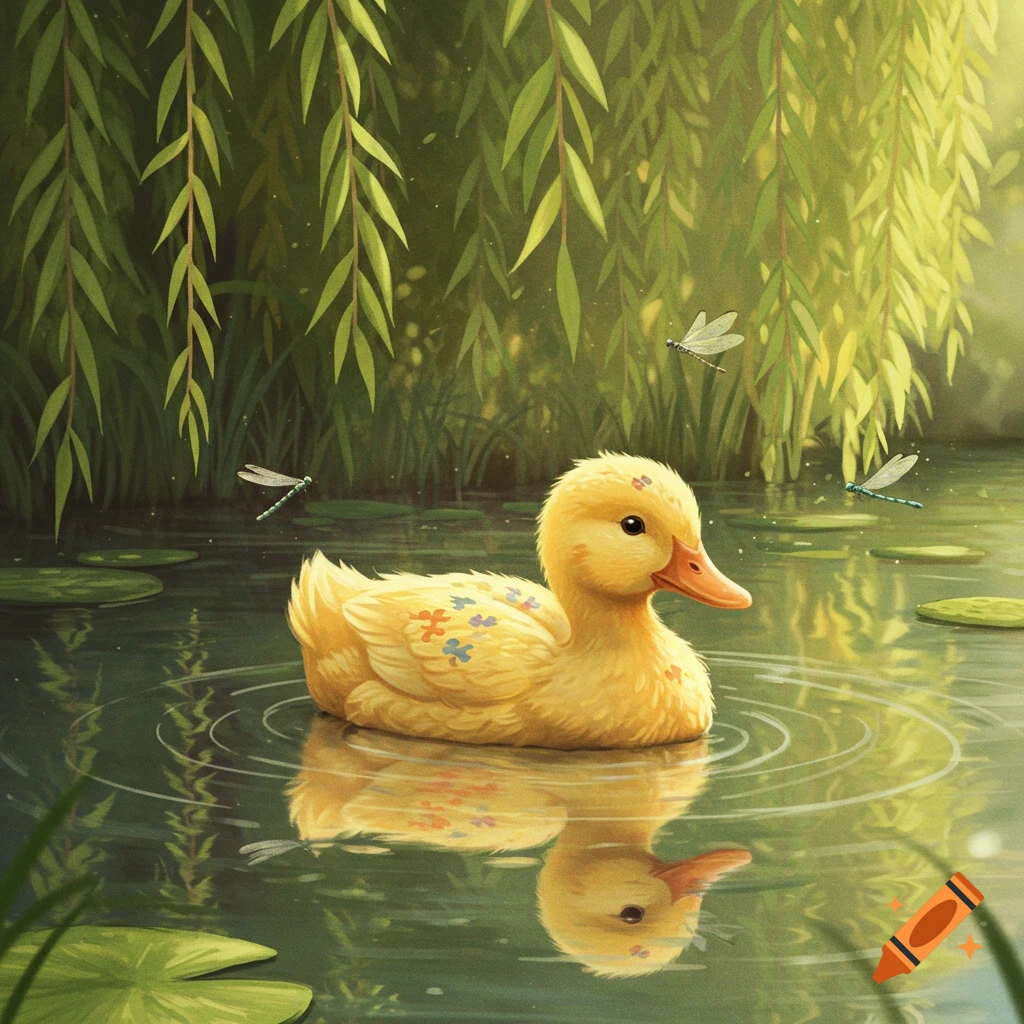 An illustrative yellow duckling with colorful patterns floats in a pond under weeping willow branches, with dragonflies flying nearby.
