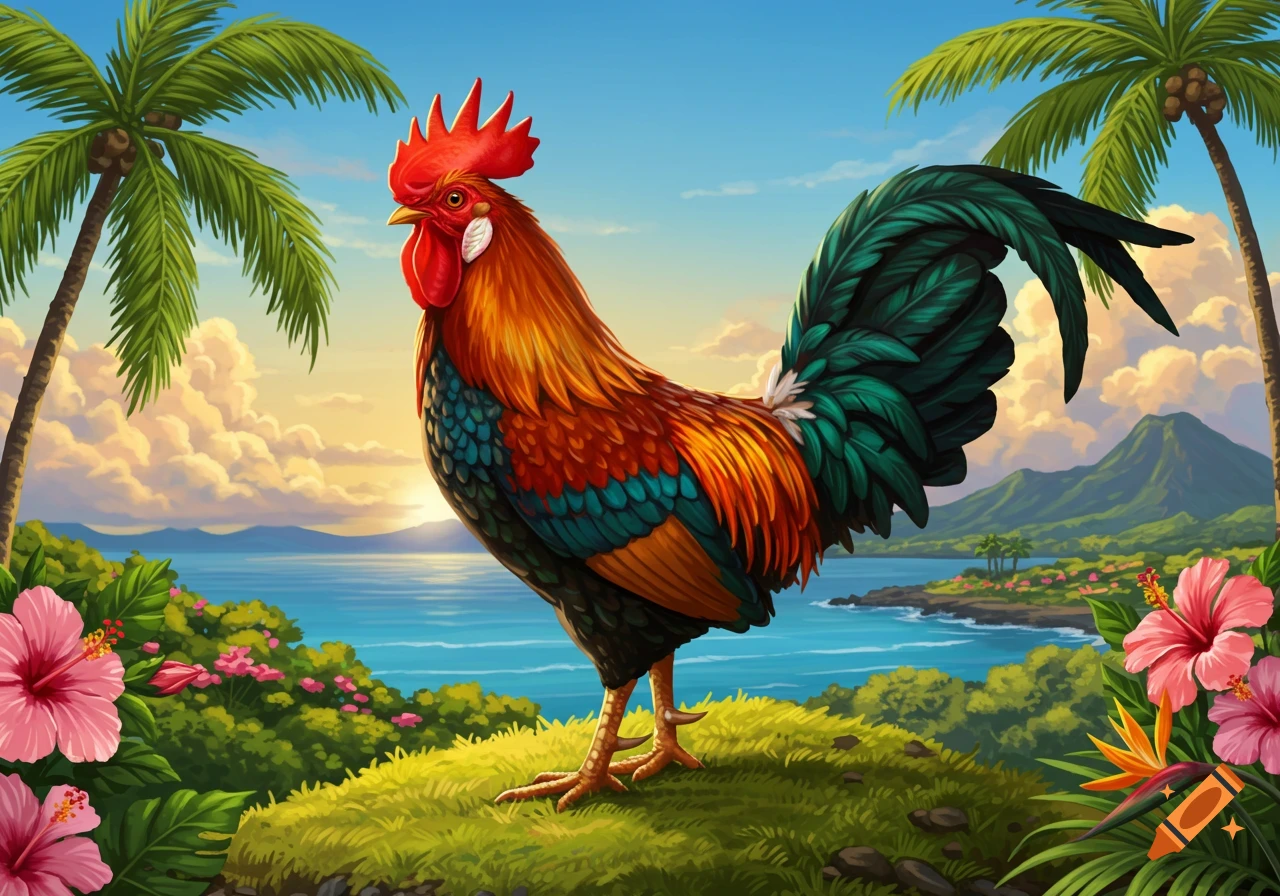 Colorful rooster on a grassy hill overlooking a tropical ocean with palm trees and hibiscus flowers at sunset, illustration.