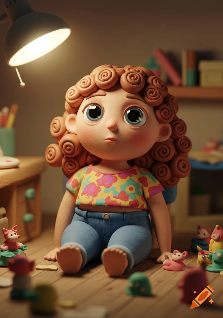 A cute claymation girl with curly hair and big eyes sits on a wooden floor, surrounded by small figures, under a desk lamp.