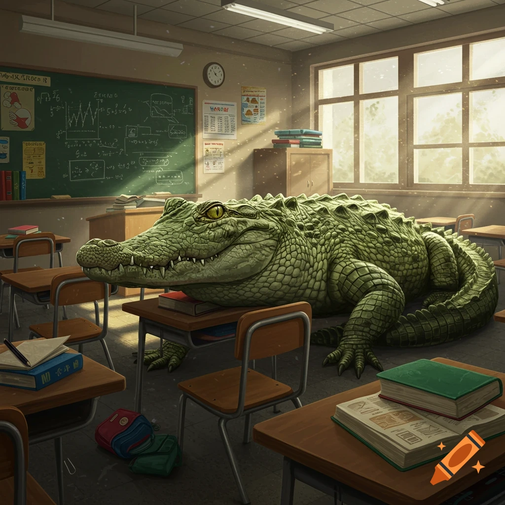 A large green alligator rests on a student desk in a sunlit classroom, with a blackboard and other desks visible.