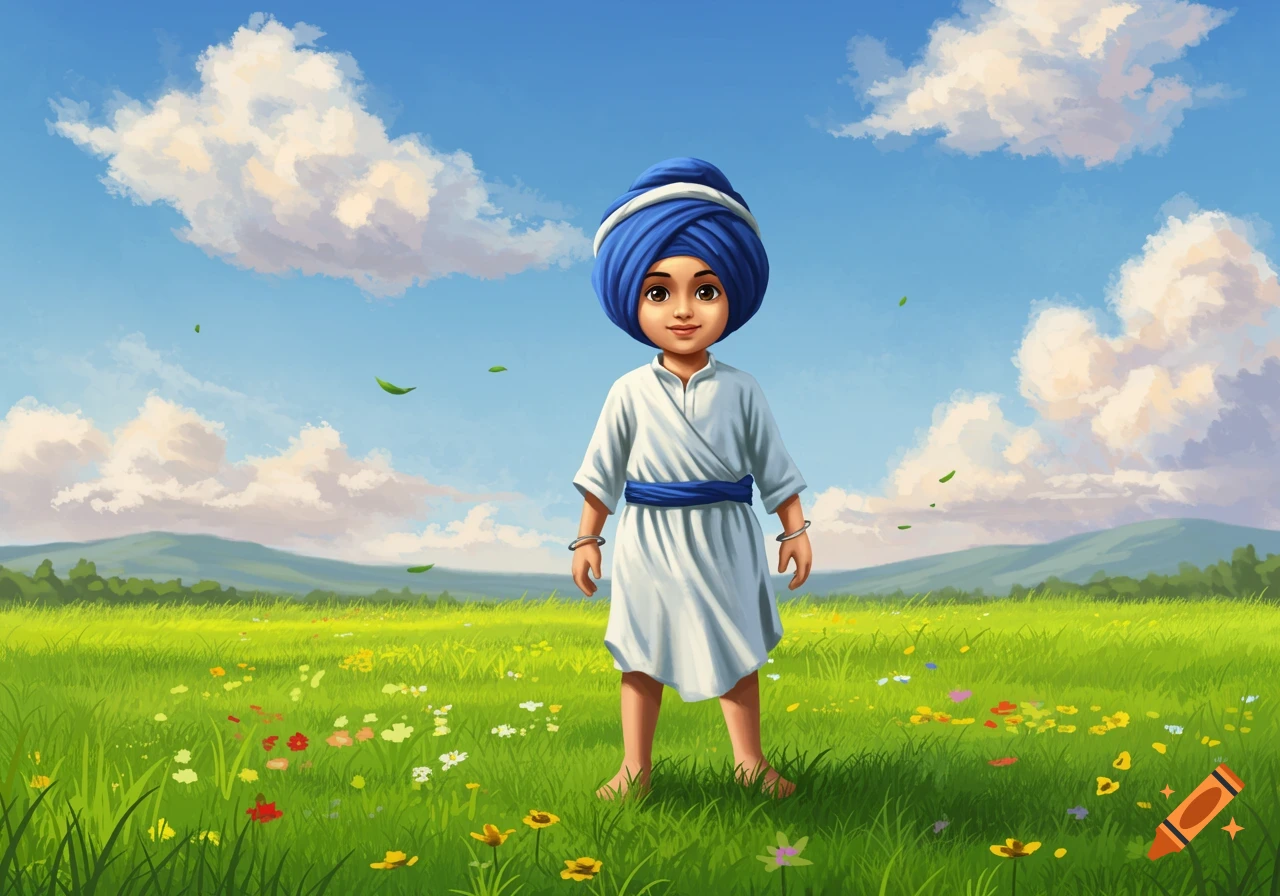 An illustration of a young Sikh boy with a blue turban and white robe, standing in a vibrant green field with colorful wildflowers under a blue sky.
