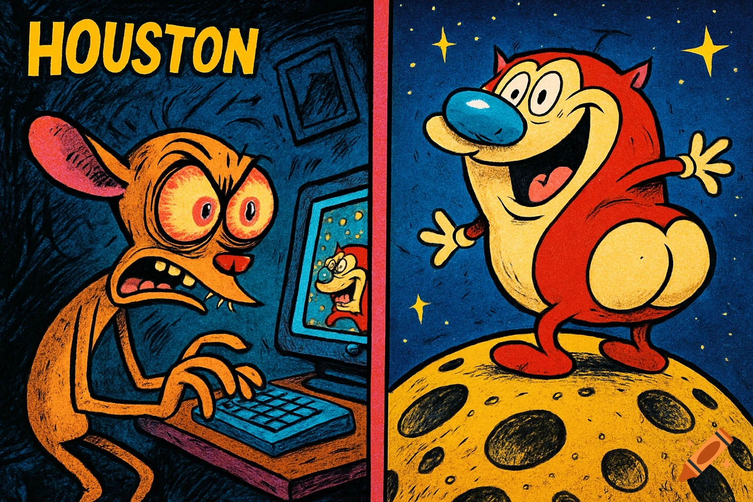 Angry Ren from Ren & Stimpy at a computer in a dark room, looking at happy Stimpy on the moon showing his backside. Text 'HOUSTON' above Ren.