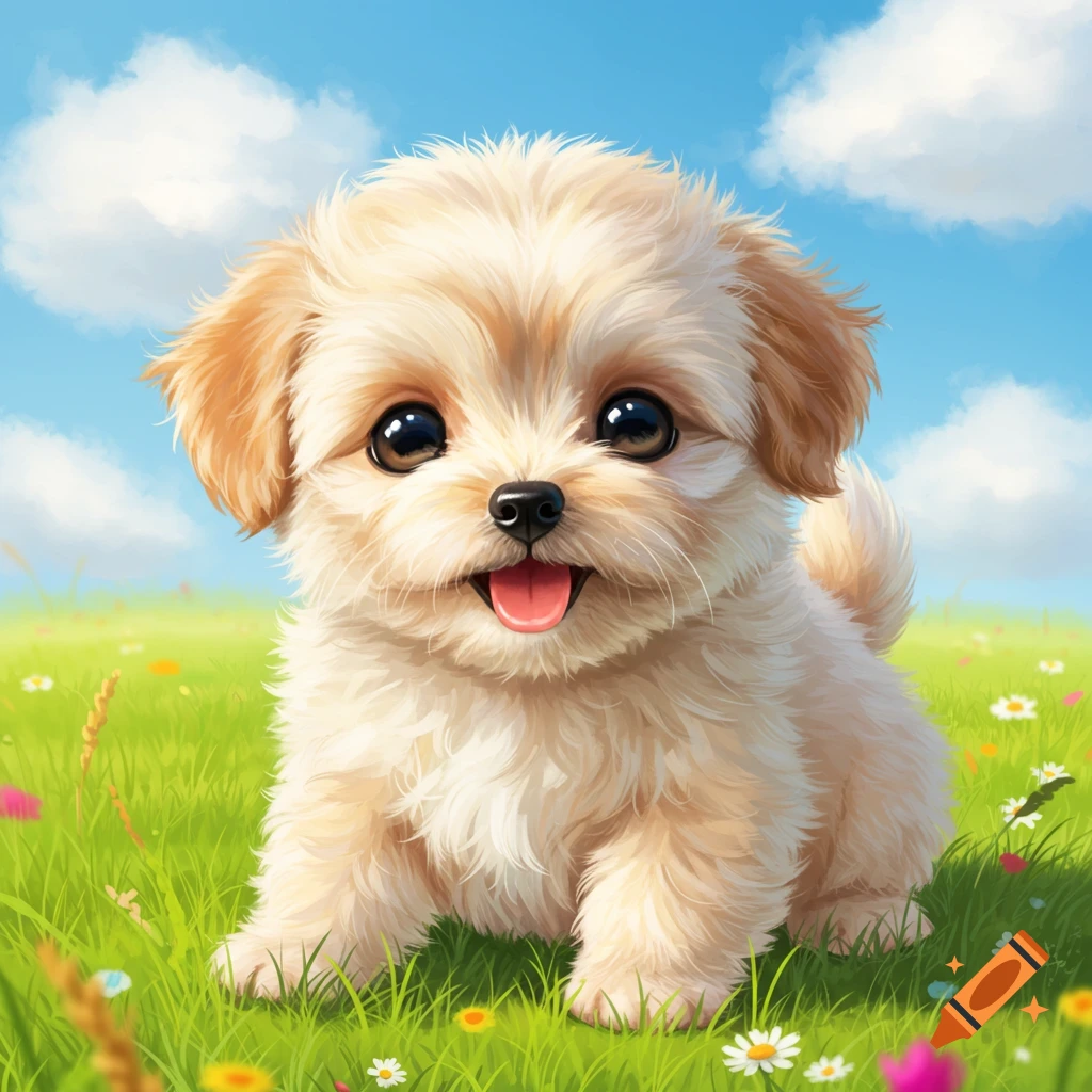 A cute, fluffy light brown puppy with big eyes sits in a green field with small colorful flowers under a blue sky with white clouds.