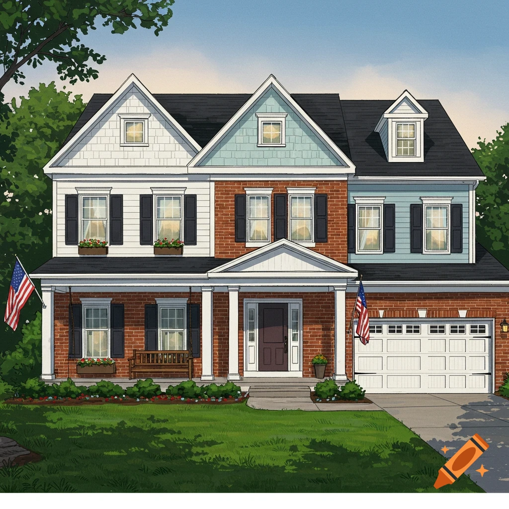 Illustrative two-story American Colonial house with brick and siding, front porch, garage, lawn, and two American flags.