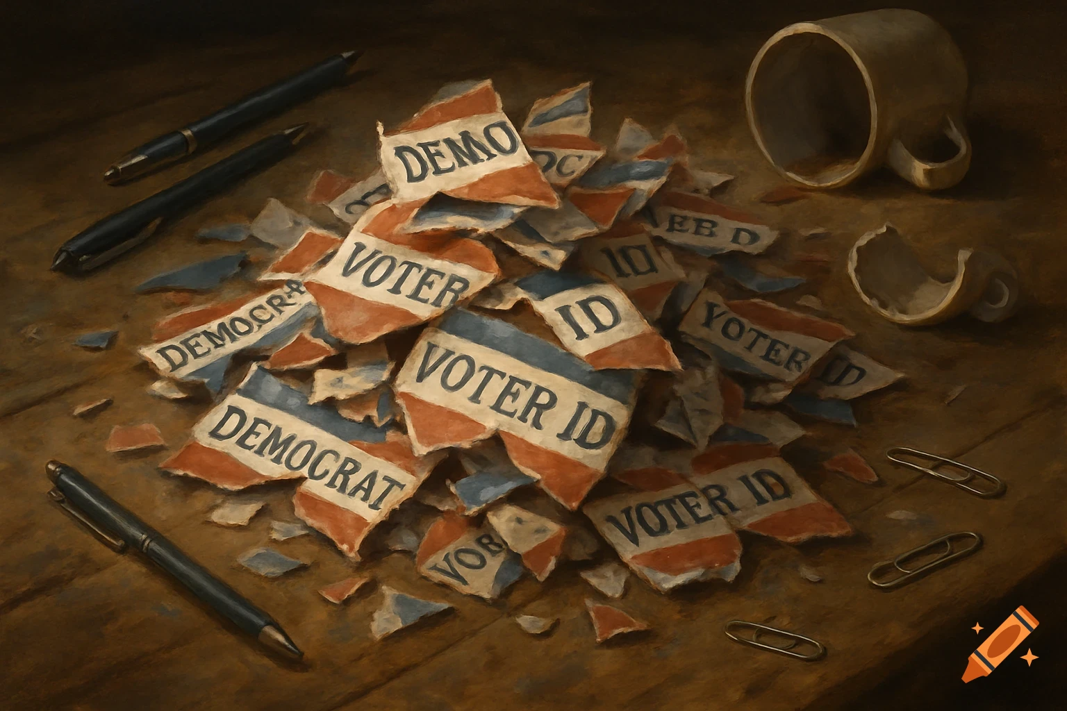A painterly still life of torn "DEMOCRAT VOTER ID" cards in a pile on a wooden table, with pens, paper clips, and a broken mug.