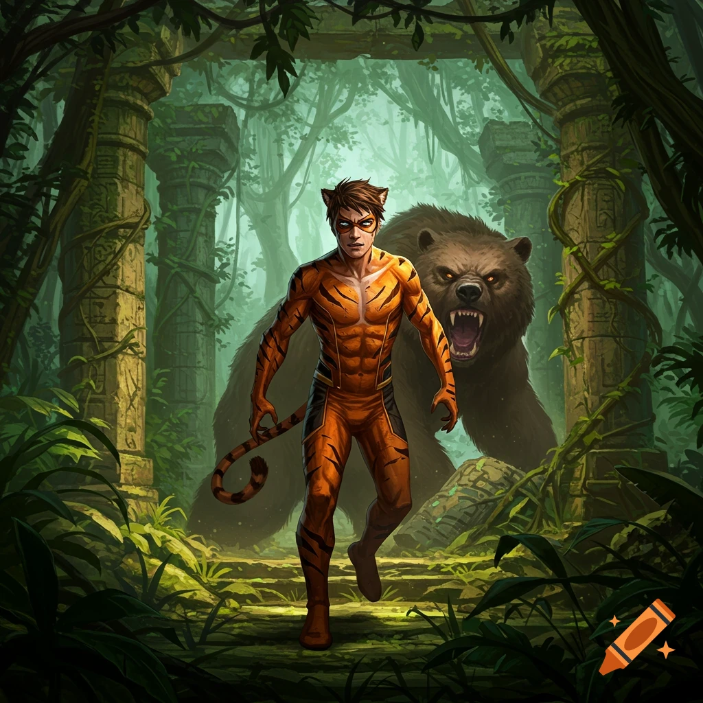 A tiger-suited superhero runs through ancient jungle ruins, fleeing a roaring, monstrous brown bear in a comic book art style.