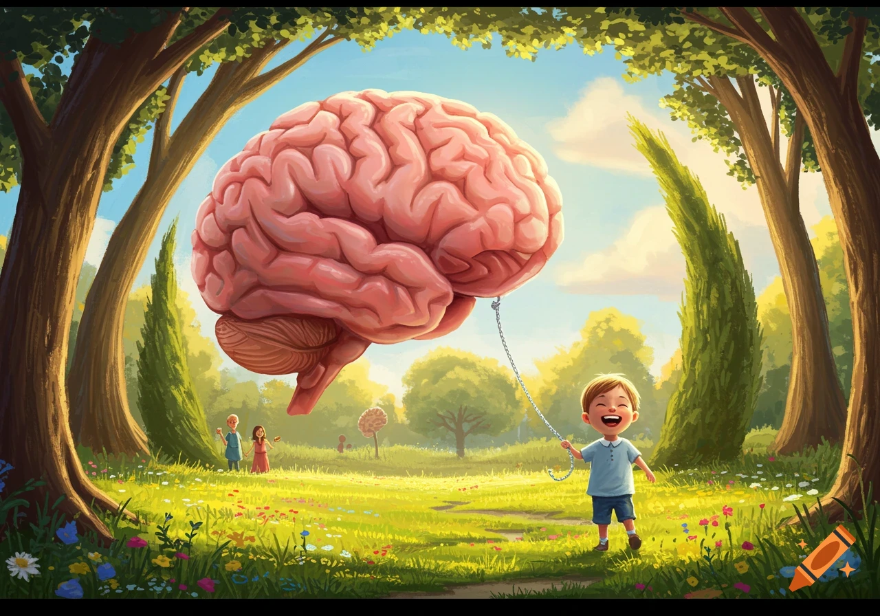 A smiling boy holds a leash attached to a giant pink brain, walking in a whimsical, sunny park with trees and wildflowers.
