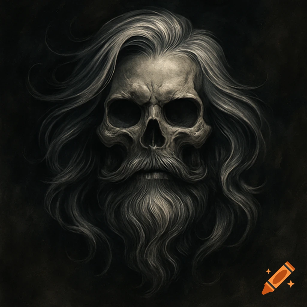 Stylized skull with long flowing hair and a full beard against a dark background.