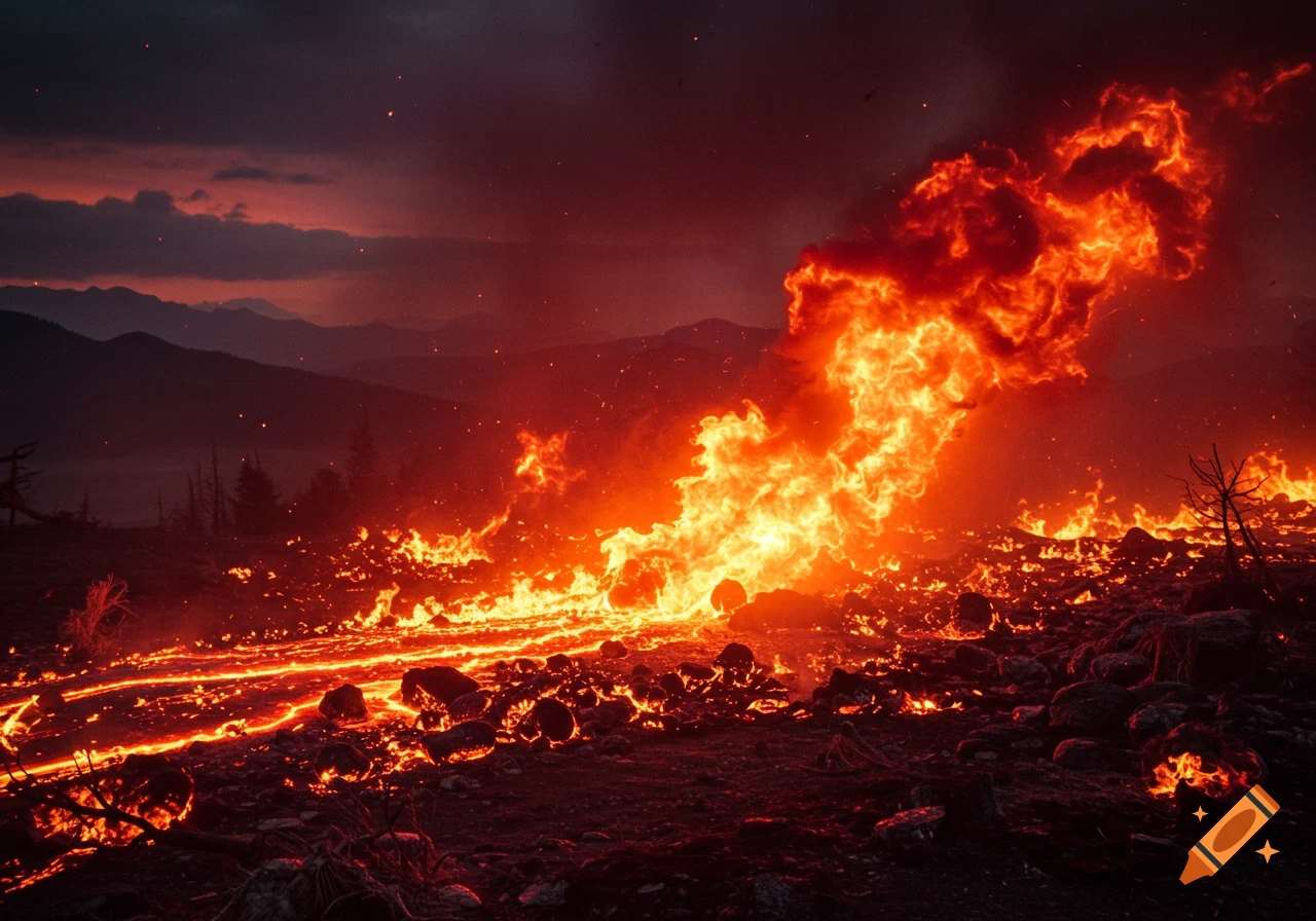 A dark, fiery landscape with rivers of molten lava and huge flames erupting from the ground into a smoky night sky.