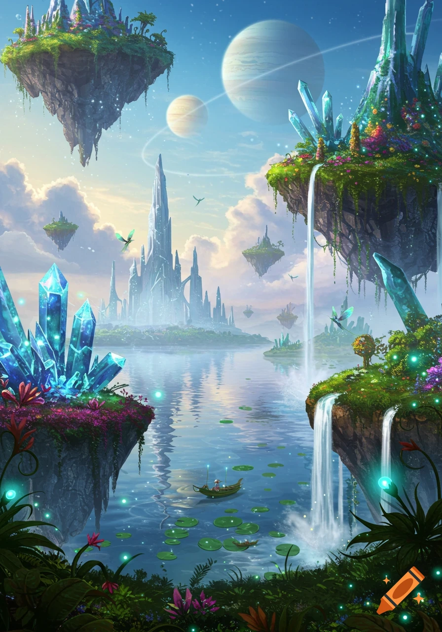 Vibrant fantasy landscape with floating islands, crystal formations, waterfalls, a futuristic city, and ringed planets.