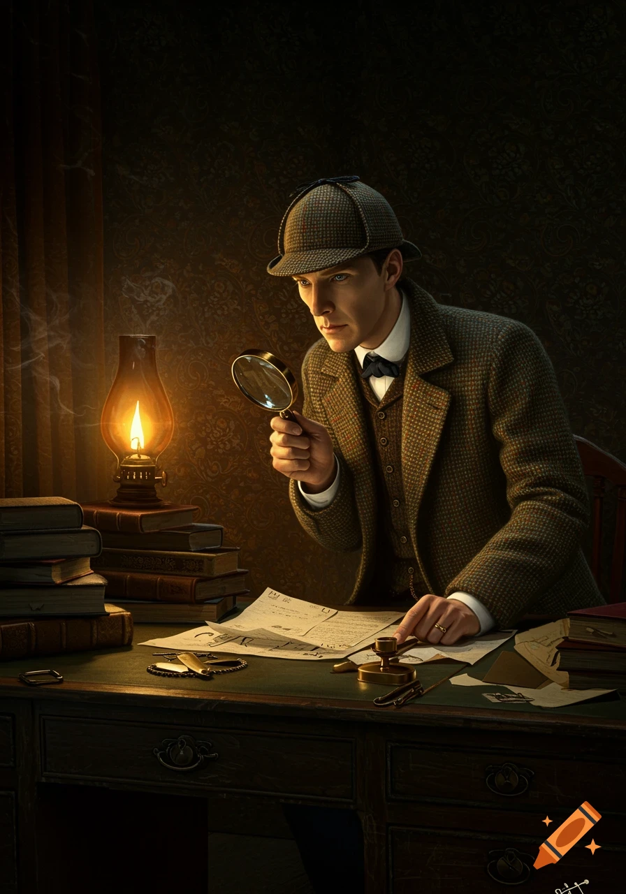Sherlock Holmes, in a deerstalker hat and tweed suit, examines documents on a wooden desk with a magnifying glass, lit by an oil lamp.