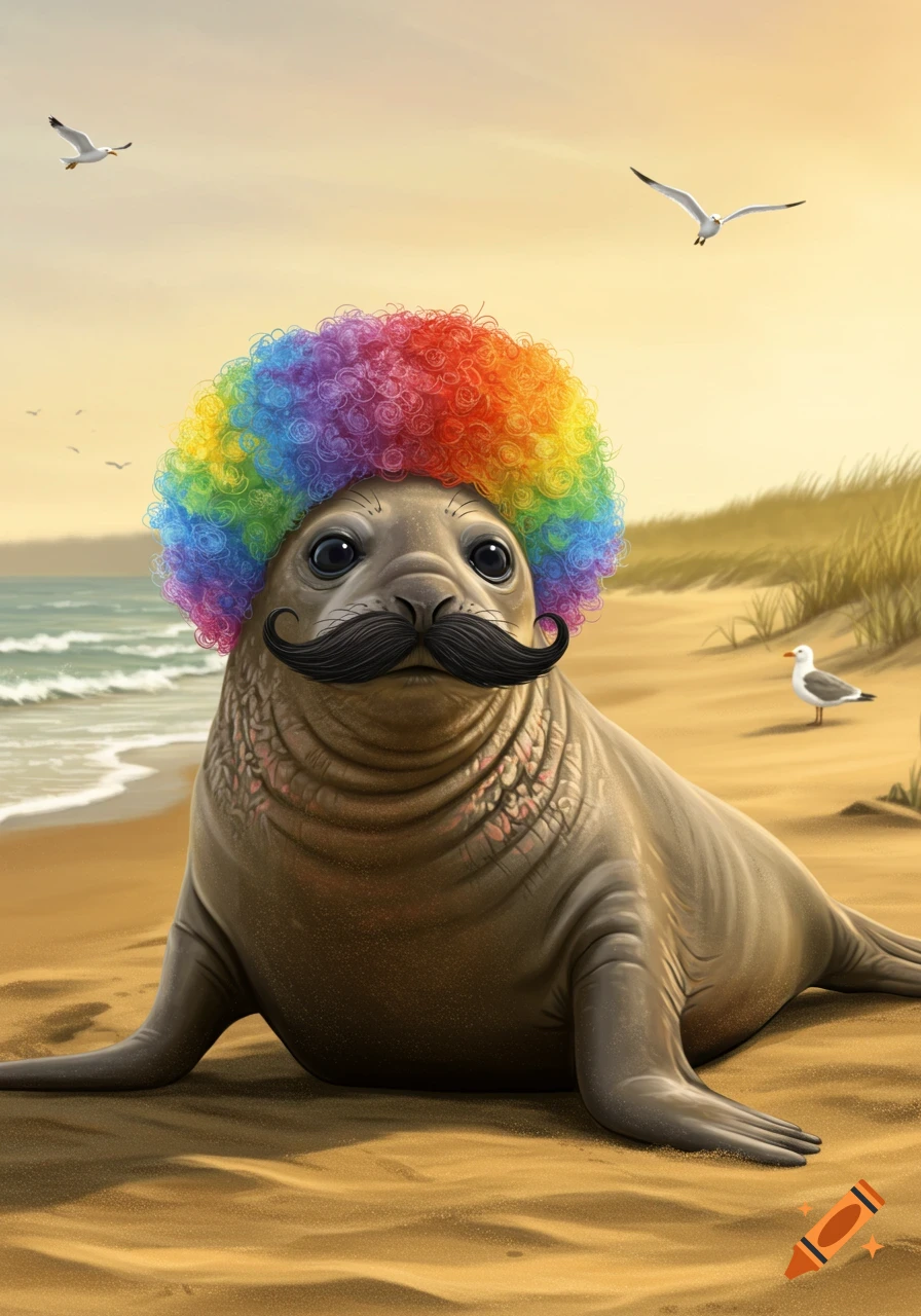 A photorealistic elephant seal with a rainbow wig and a black mustache sits on a sandy beach next to the ocean, with seagulls flying.