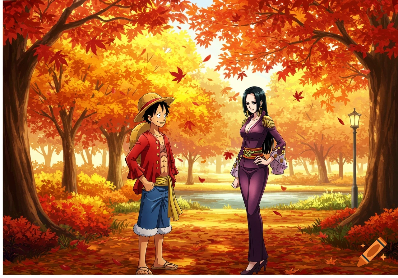 Luffy and Hancock stand in a vibrant autumn park with orange and red leaves.