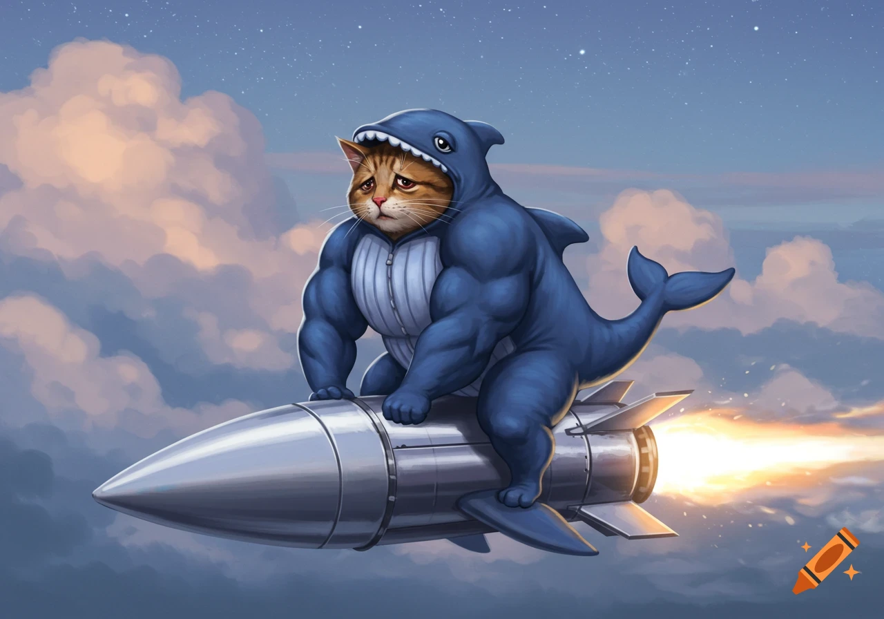 Muscly cat in a blue whale costume riding a missile through a cloudy, starry sky, looking sad.