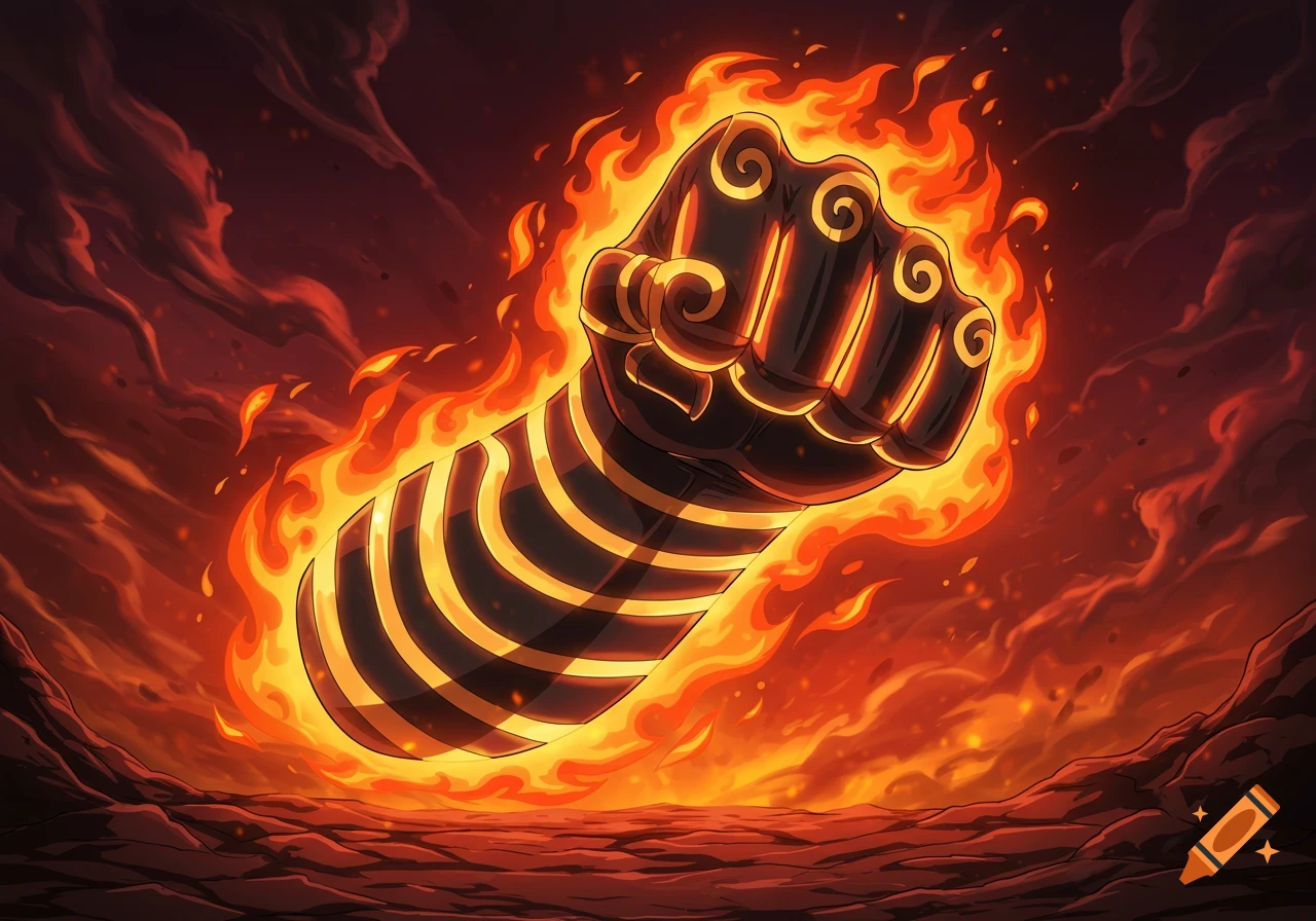A stylized flaming fist with golden spiral patterns on knuckles and stripes on the forearm, against a fiery background.