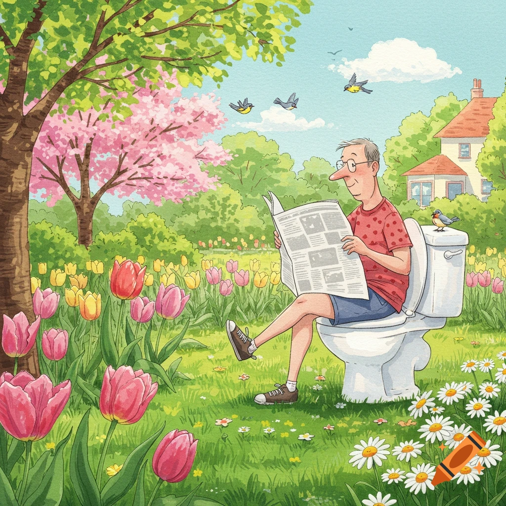 A cartoon illustration shows a man sitting on a toilet in a vibrant spring garden, reading a newspaper.