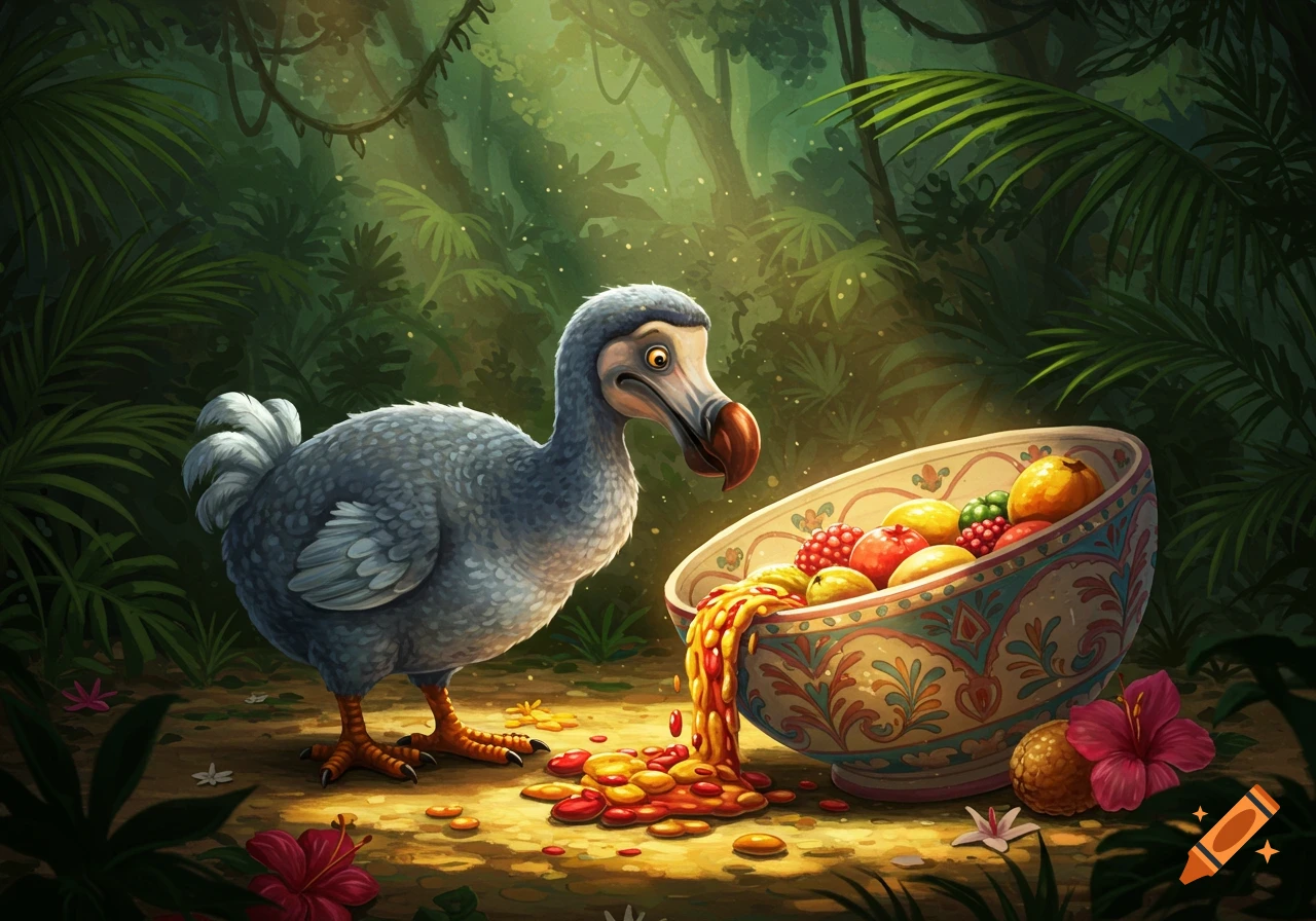 A stylized dodo bird looks at a tipped-over bowl spilling colorful fruit and liquid in a vibrant, sun-dappled jungle.