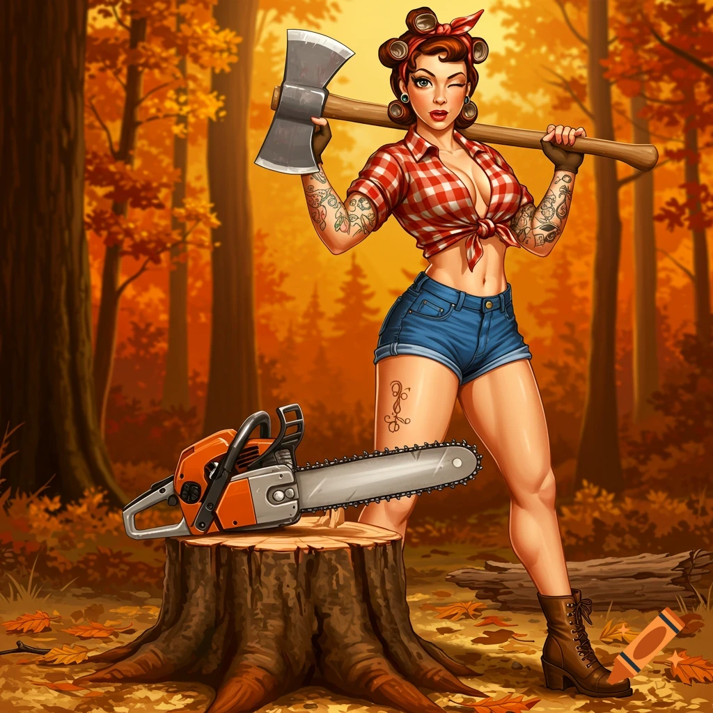 A pinup girl in a red plaid top and jean shorts holds an axe over her shoulder, winking in an autumn forest. A chainsaw rests on a tree stump beside her.
