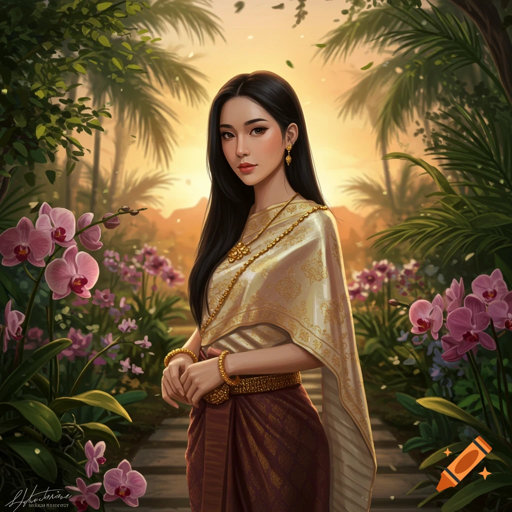 A beautiful woman in traditional gold and maroon Thai clothing stands in a tropical garden with pink orchids during sunset.