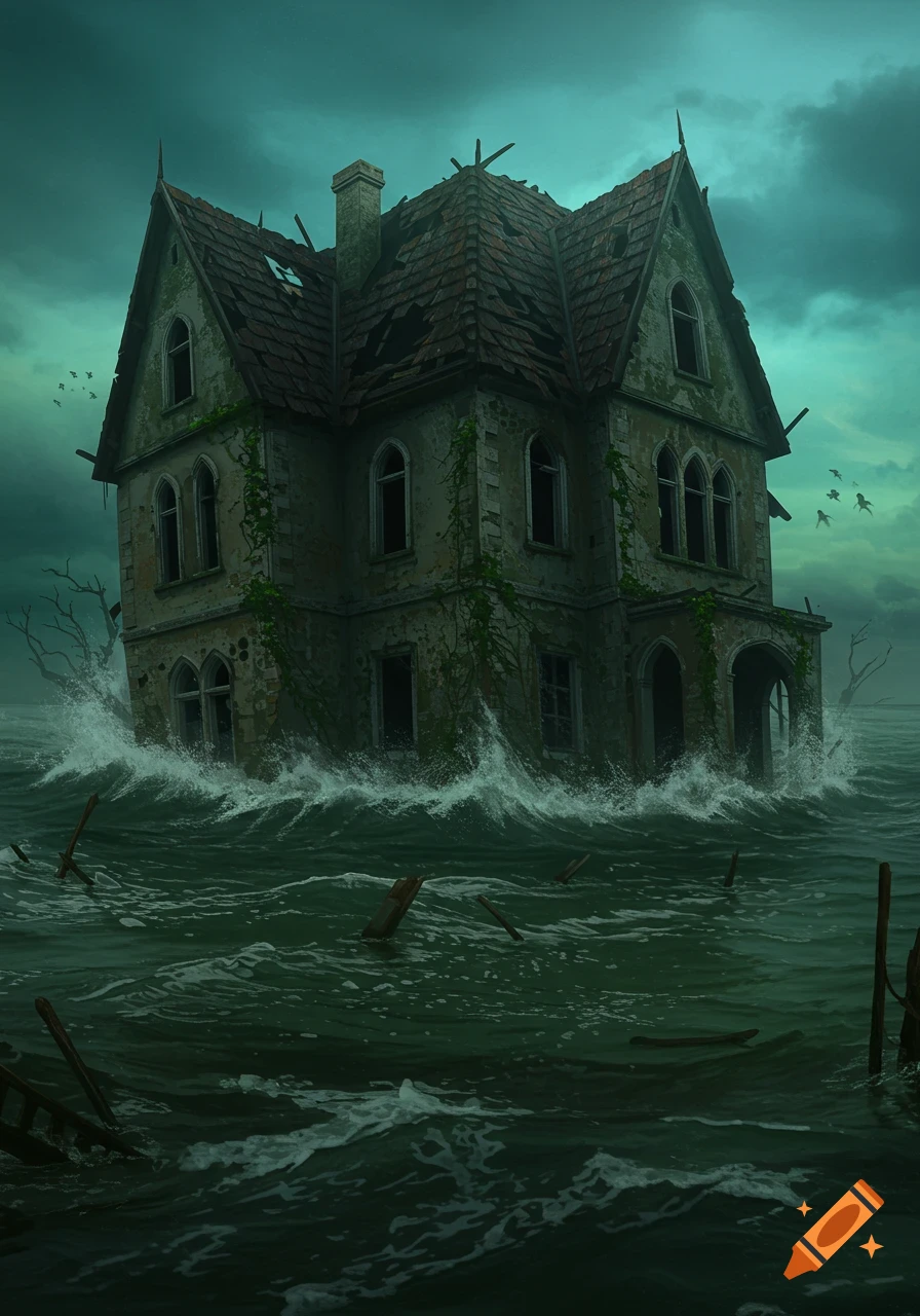 An old, dilapidated gothic house is sinking into dark, turbulent water under a stormy green sky, with debris floating around.