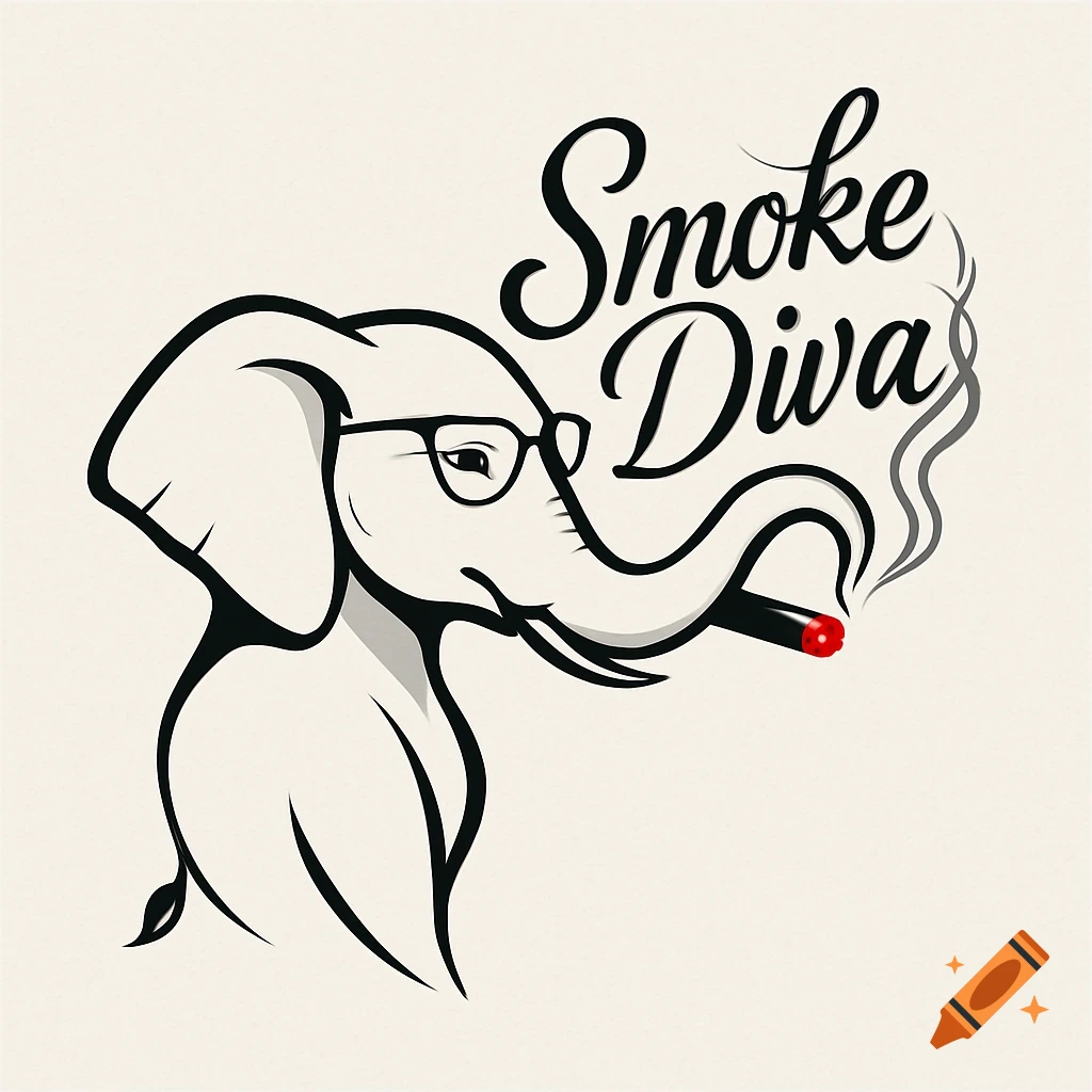 Stylized black and white logo of a bespectacled elephant smoking a cigar, with the smoke forming 'Smoke Diva'.