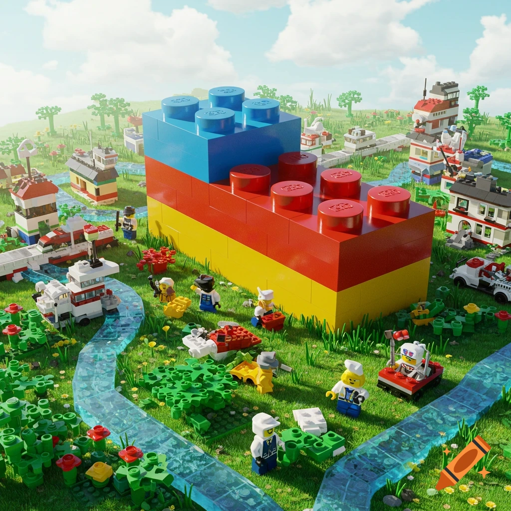A vibrant Lego landscape with colorful bricks, minifigures, buildings, vehicles, and a river on a grassy hill under a blue sky.