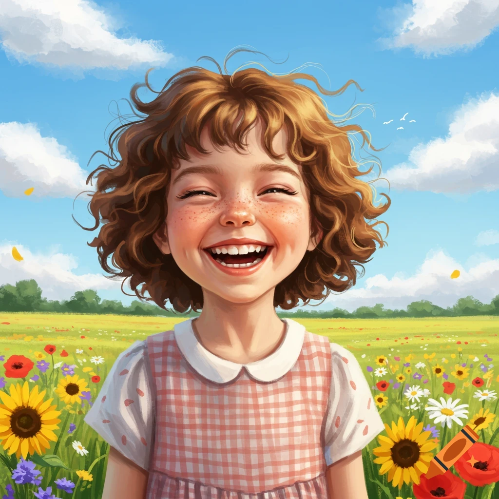 A joyful cartoon girl with curly brown hair and freckles smiles broadly in a vibrant flower field under a blue sky.