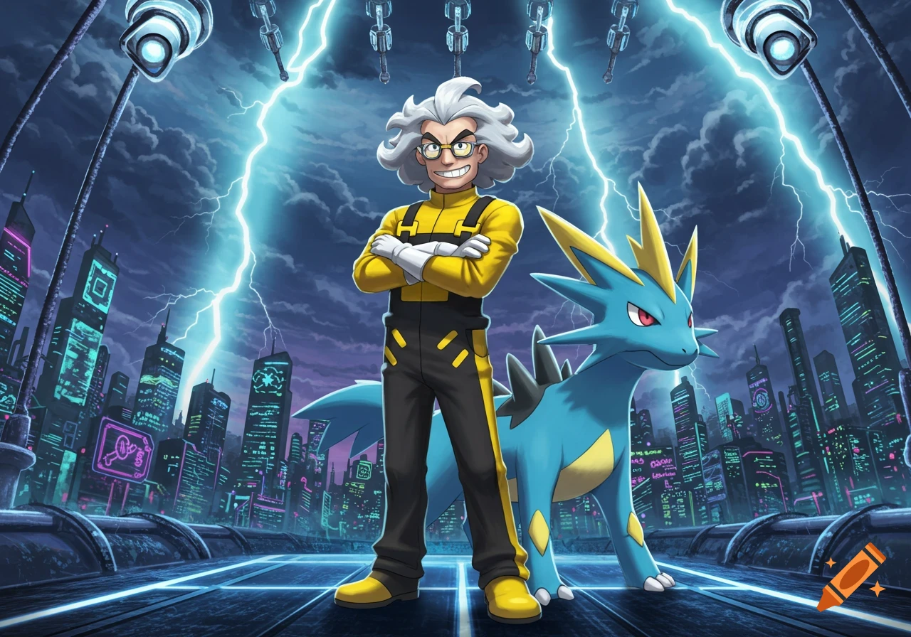 Anime-style man in yellow jumpsuit with a blue spiky creature in a futuristic city with lightning.