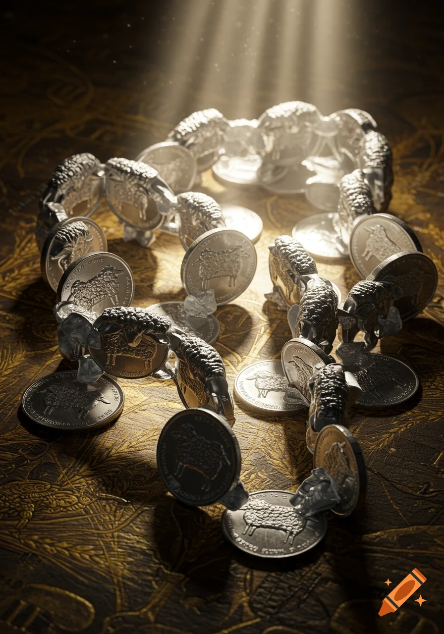 Silver coins with sheep designs arranged in a circle under a dramatic spotlight on a patterned golden surface.