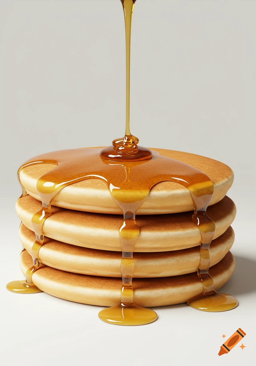 A stack of four golden brown pancakes with a stream of golden syrup pouring over them and dripping down the sides, against a plain white background.